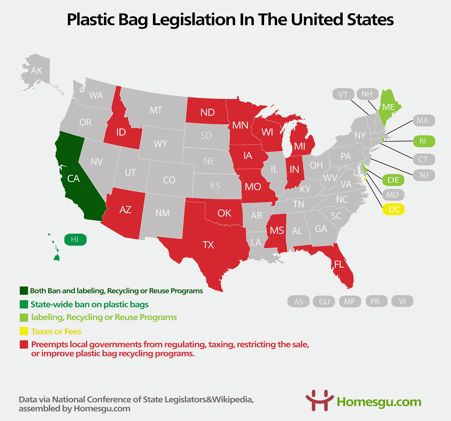 map of plastic bags bans legislation in the united states