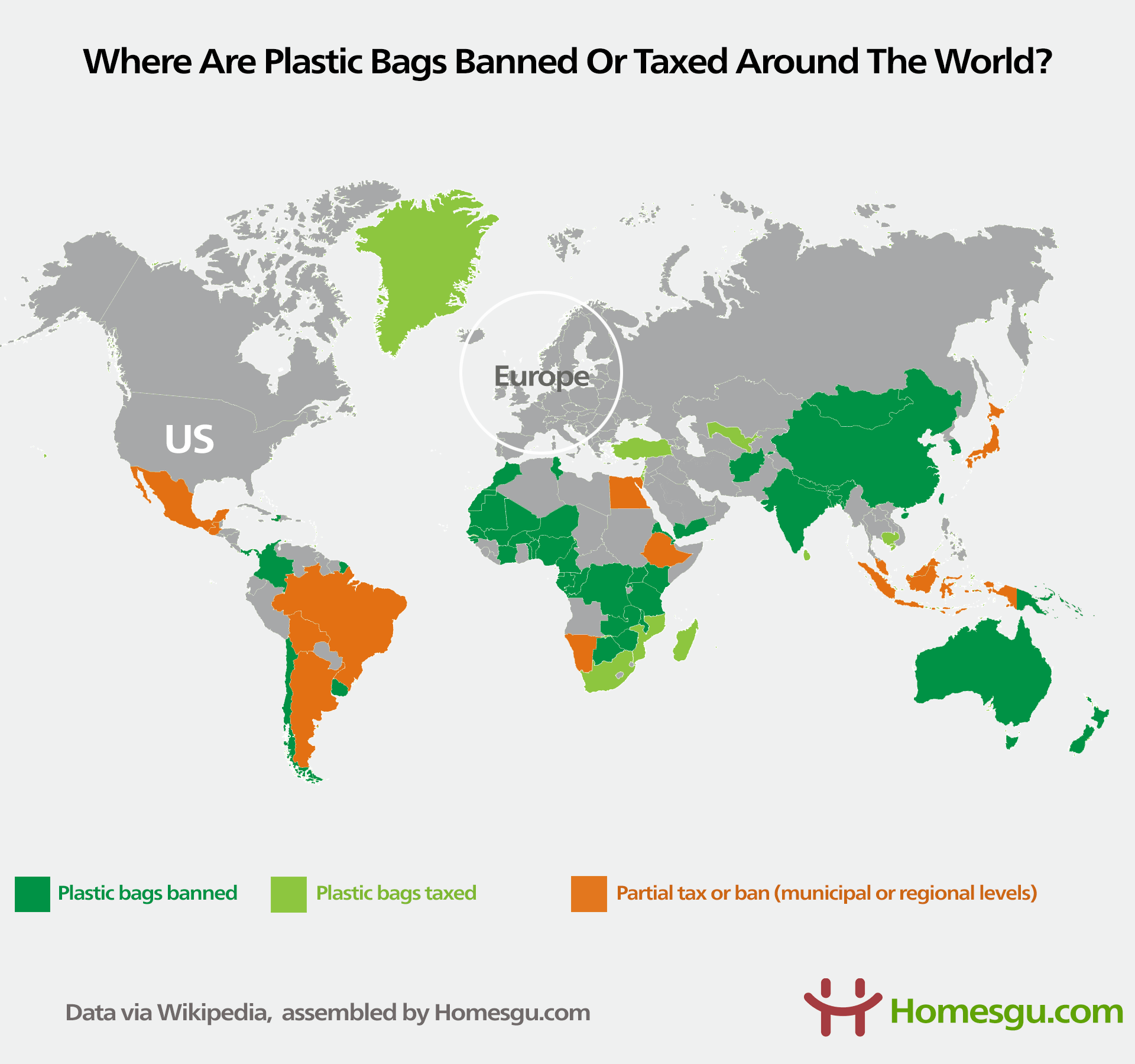 map of where are plastic bags banned or taxed around the world